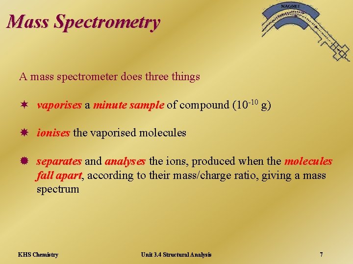 Mass Spectrometry A mass spectrometer does three things ¬ vaporises a minute sample of