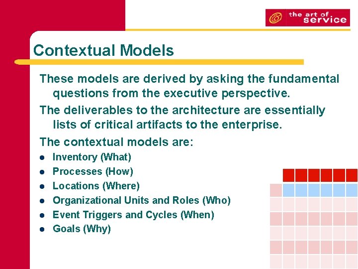Contextual Models These models are derived by asking the fundamental questions from the executive
