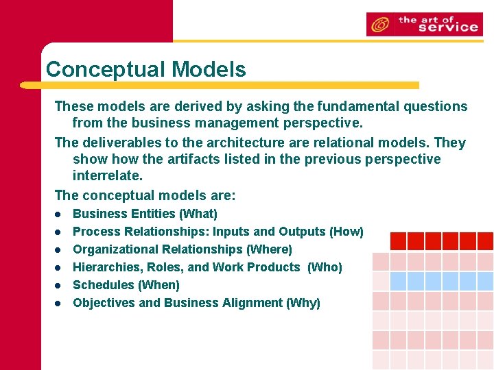 Conceptual Models These models are derived by asking the fundamental questions from the business