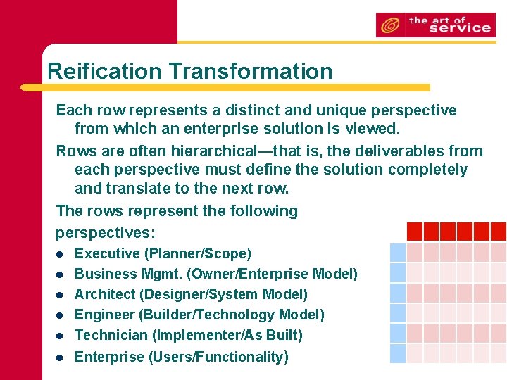 Reification Transformation Each row represents a distinct and unique perspective from which an enterprise
