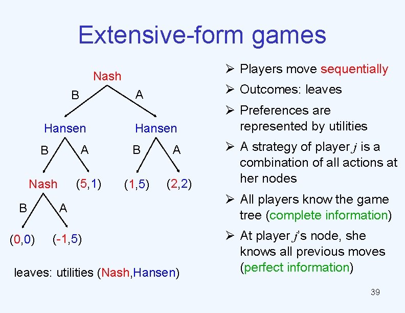 Extensive-form games Ø Players move sequentially Nash B Hansen A B (5, 1) Nash