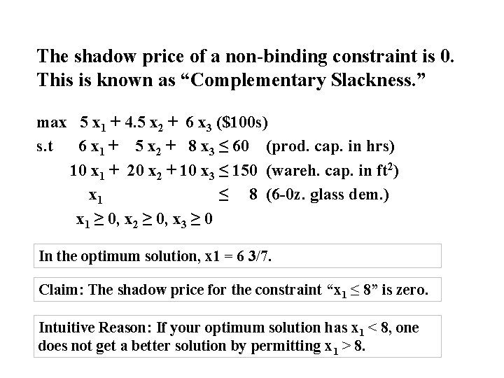 The shadow price of a non-binding constraint is 0. This is known as “Complementary