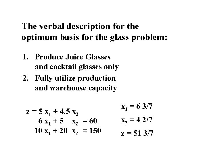 The verbal description for the optimum basis for the glass problem: 1. Produce Juice