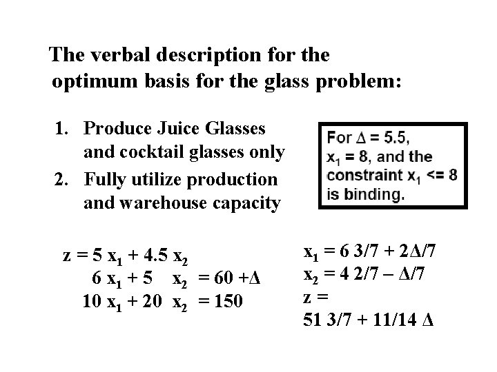 The verbal description for the optimum basis for the glass problem: 1. Produce Juice