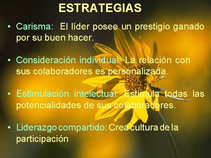 ESTRATEGIAS • Carisma: El líder posee un prestigio ganado por su buen hacer. •