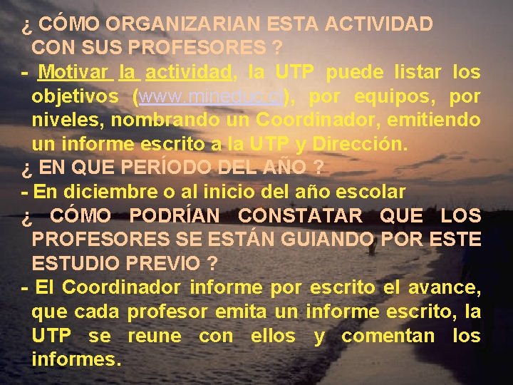 ¿ CÓMO ORGANIZARIAN ESTA ACTIVIDAD CON SUS PROFESORES ? - Motivar la actividad, la