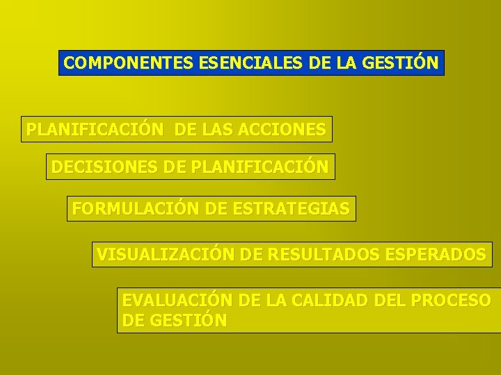 COMPONENTES ESENCIALES DE LA GESTIÓN PLANIFICACIÓN DE LAS ACCIONES DECISIONES DE PLANIFICACIÓN FORMULACIÓN DE