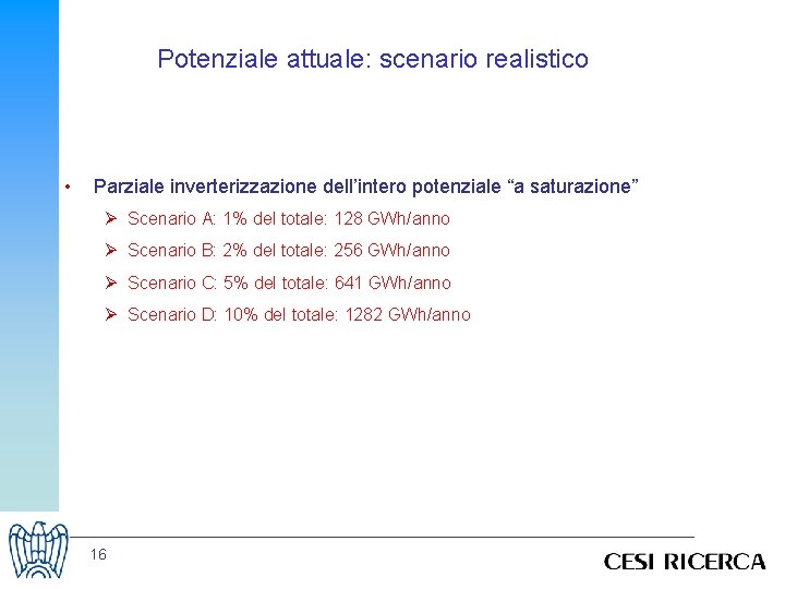 Potenziale attuale: scenario realistico • Parziale inverterizzazione dell’intero potenziale “a saturazione” Ø Scenario A: