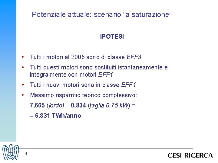 Potenziale attuale: scenario “a saturazione” IPOTESI • Tutti i motori al 2005 sono di