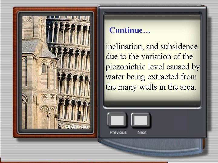 Continue… inclination, and subsidence due to the variation of the piezonietric level caused by