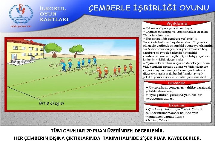 TÜM OYUNLAR 20 PUAN ÜZERİNDEN DEGERLENİR. HER ÇEMBERİN DIŞINA ÇIKTIKLARINDA TAKIM HALİNDE 2’ŞER PUAN