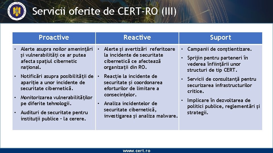 Servicii oferite de CERT-RO (III) Proactive Reactive • Alerte asupra noilor amenințări • Alerte