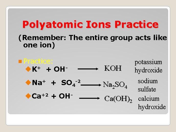 Polyatomic Ions Practice (Remember: The entire group acts like one ion) n Practice: u.