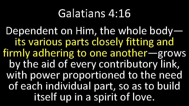 Galatians 4: 16 Dependent on Him, the whole body— its various parts closely fitting