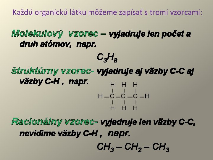 Každú organickú látku môžeme zapísať s tromi vzorcami: Molekulový vzorec – vyjadruje len počet