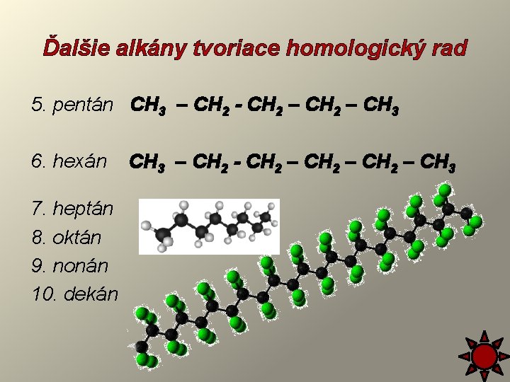 Ďalšie alkány tvoriace homologický rad 5. pentán CH 3 – CH 2 - CH