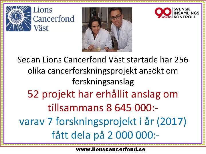 Sedan Lions Cancerfond Väst startade har 256 olika cancerforskningsprojekt ansökt om forskningsanslag 52 projekt