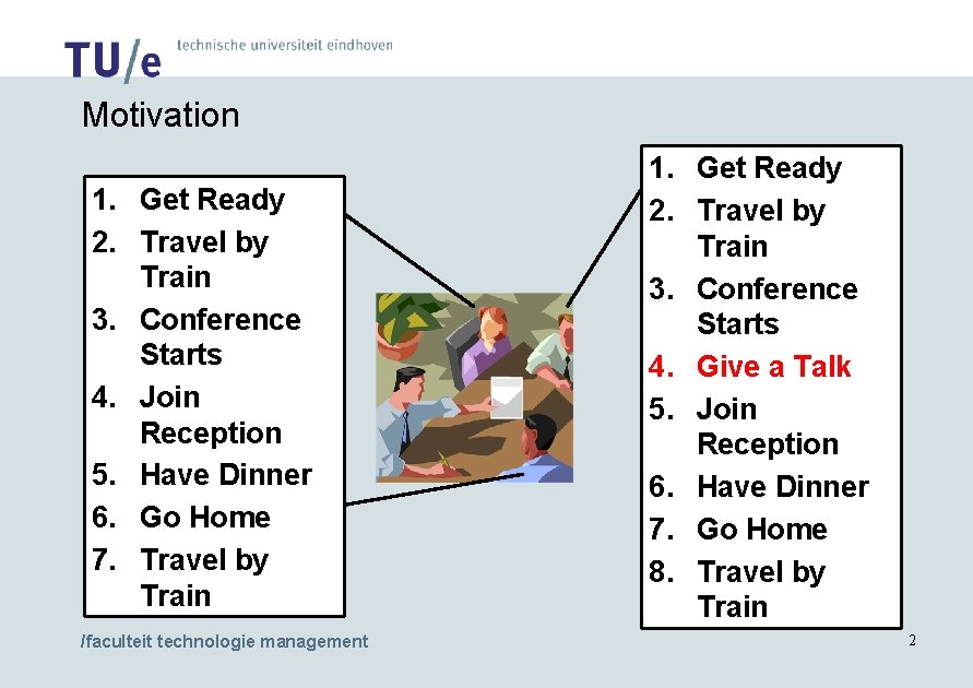 Motivation 1. Get Ready 2. Travel by Train 3. Conference Starts 4. Join Reception