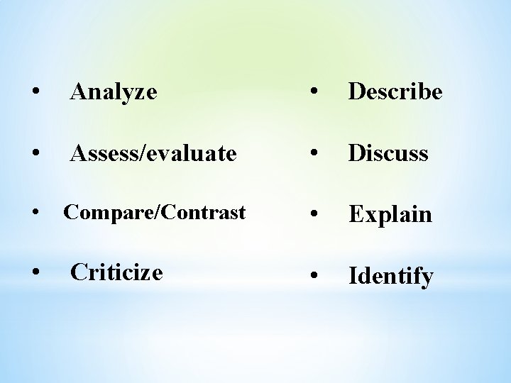  • Analyze • Describe • Assess/evaluate • Discuss • Compare/Contrast • Explain •