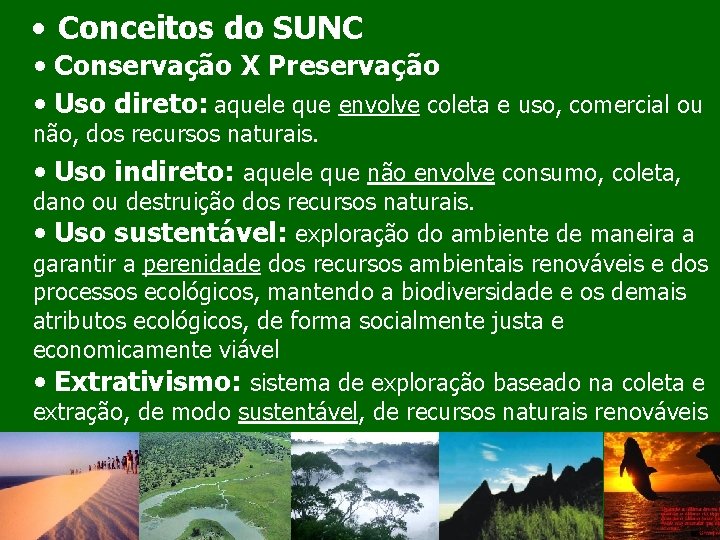  • Conceitos do SUNC • Conservação X Preservação • Uso direto: aquele que