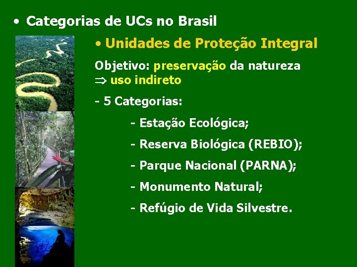  • Categorias de UCs no Brasil • Unidades de Proteção Integral Objetivo: preservação