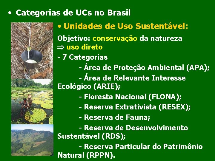  • Categorias de UCs no Brasil • Unidades de Uso Sustentável: Objetivo: conservação