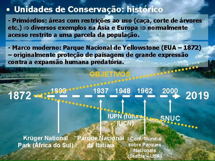  • Unidades de Conservação: histórico - Primórdios: áreas com restrições ao uso (caça,