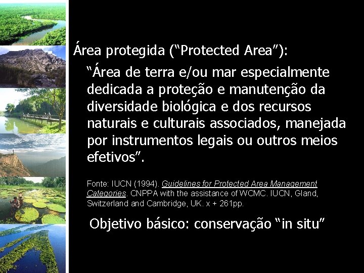 Área protegida (“Protected Area”): “Área de terra e/ou mar especialmente dedicada a proteção e