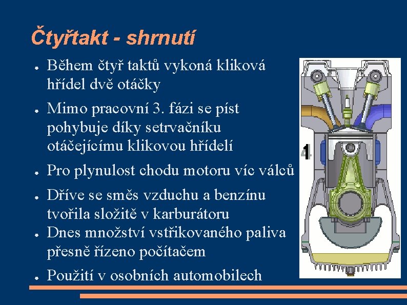 Čtyřtakt - shrnutí ● ● ● Během čtyř taktů vykoná kliková hřídel dvě otáčky