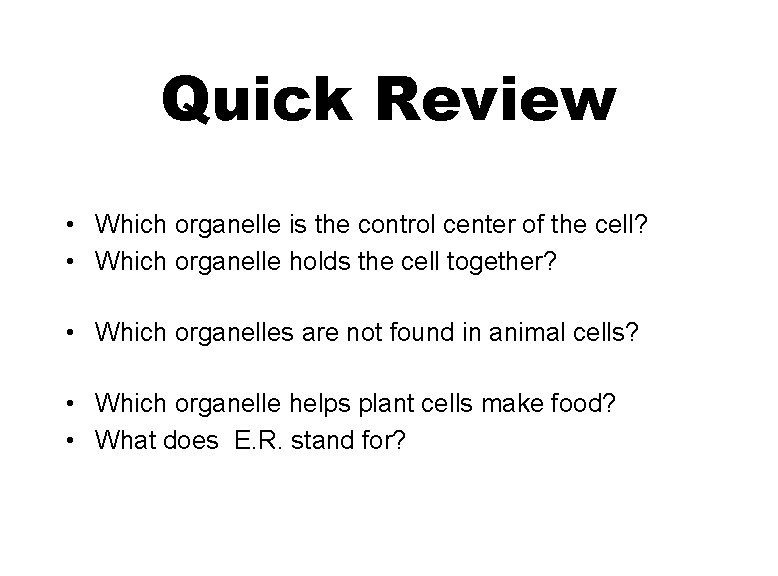 Quick Review • Which organelle is the control center of the cell? • Which