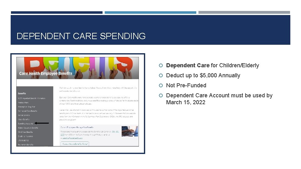 DEPENDENT CARE SPENDING Dependent Care for Children/Elderly Deduct up to $5, 000 Annually Not