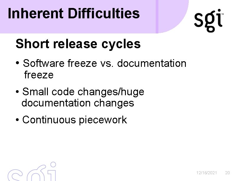 Inherent Difficulties Short release cycles • Software freeze vs. documentation freeze • Small code