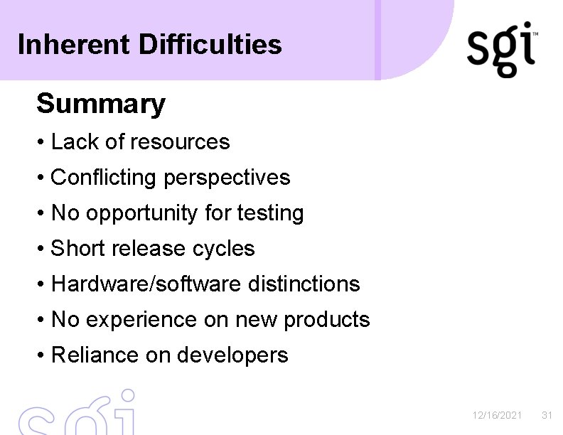 Inherent Difficulties Summary • Lack of resources • Conflicting perspectives • No opportunity for