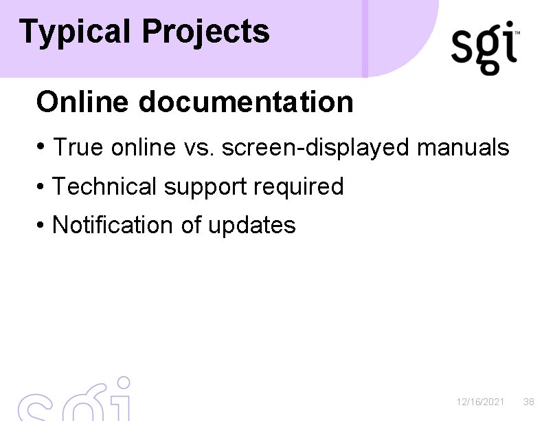 Typical Projects Online documentation • True online vs. screen-displayed manuals • Technical support required