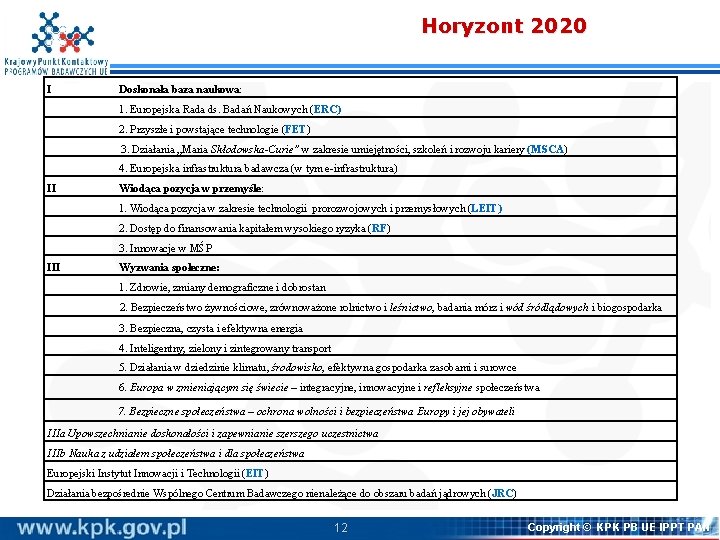 Horyzont 2020 I Doskonała baza naukowa: 1. Europejska Rada ds. Badań Naukowych (ERC) 2.