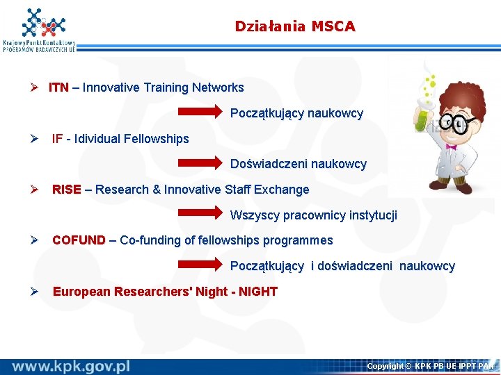 Działania MSCA Ø ITN – Innovative Training Networks Początkujący naukowcy Ø IF - Idividual