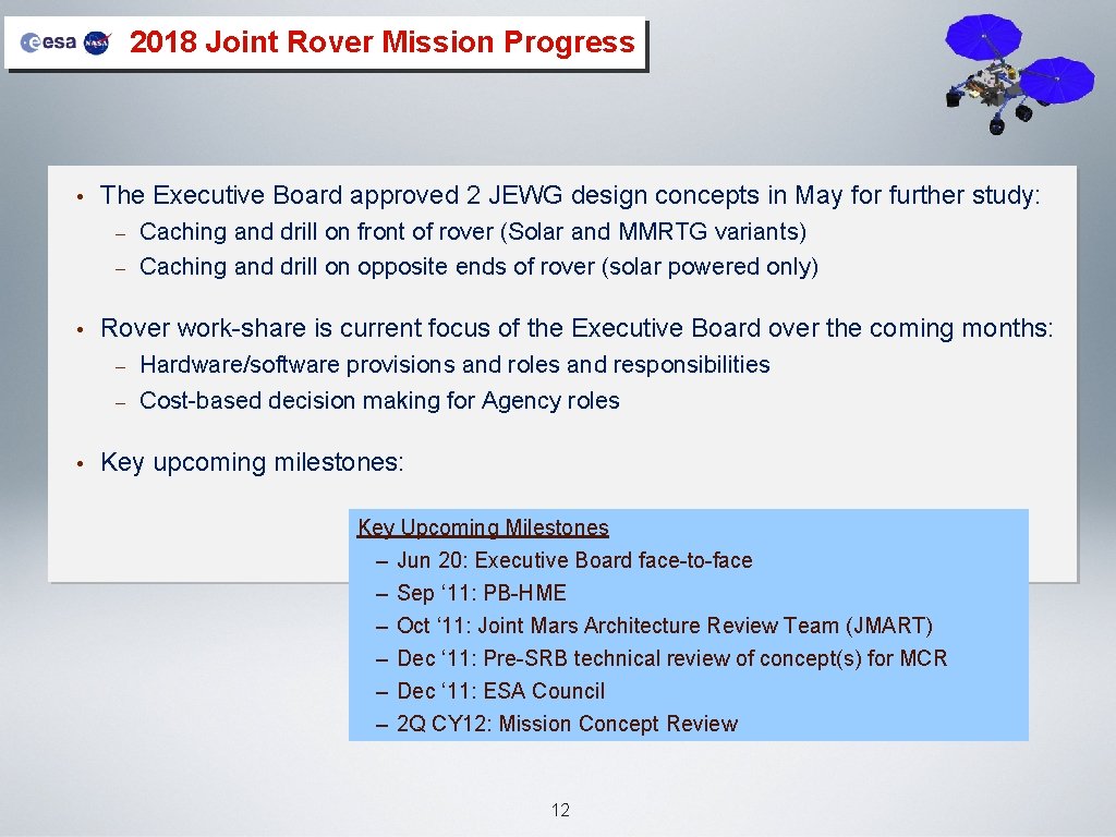 2018 Joint Rover Mission Progress • The Executive Board approved 2 JEWG design concepts