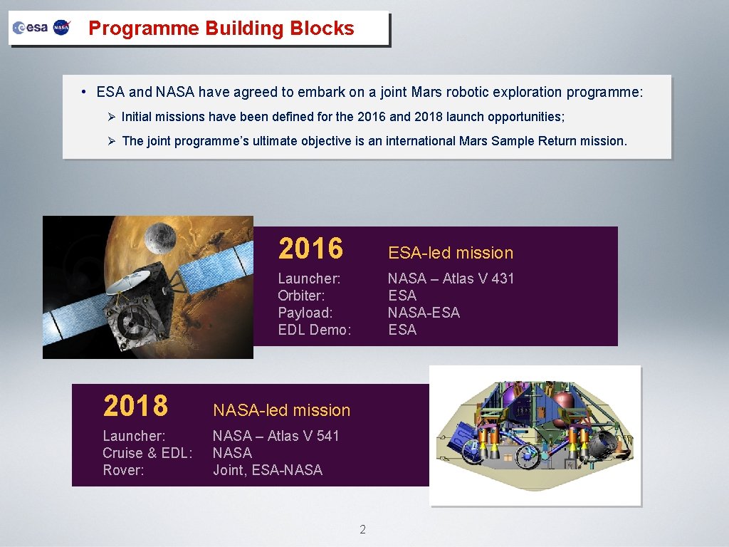 Programme Building Blocks • ESA and NASA have agreed to embark on a joint