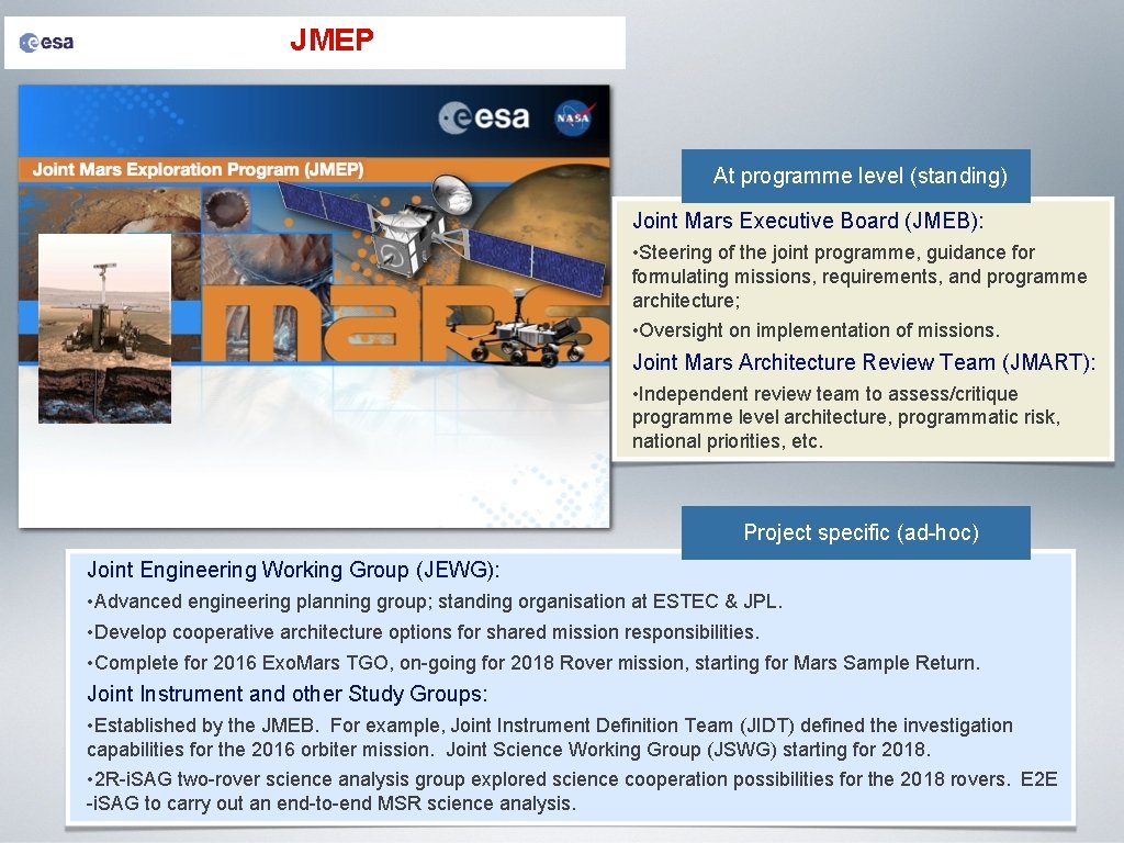 JMEP At programme level (standing) Joint Mars Executive Board (JMEB): • Steering of the