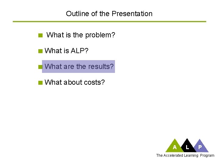 Outline of the Presentation What is the problem? What is ALP? What are the