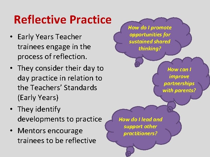 Reflective Practice • Early Years Teacher trainees engage in the process of reflection. •