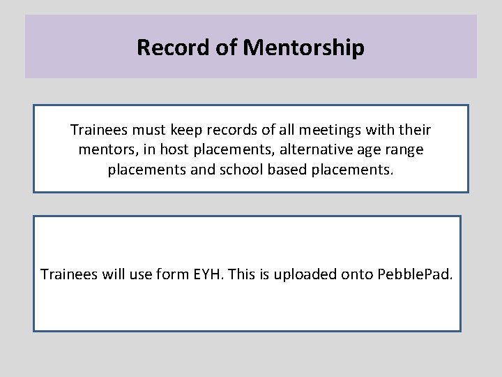 Record of Mentorship Trainees must keep records of all meetings with their mentors, in