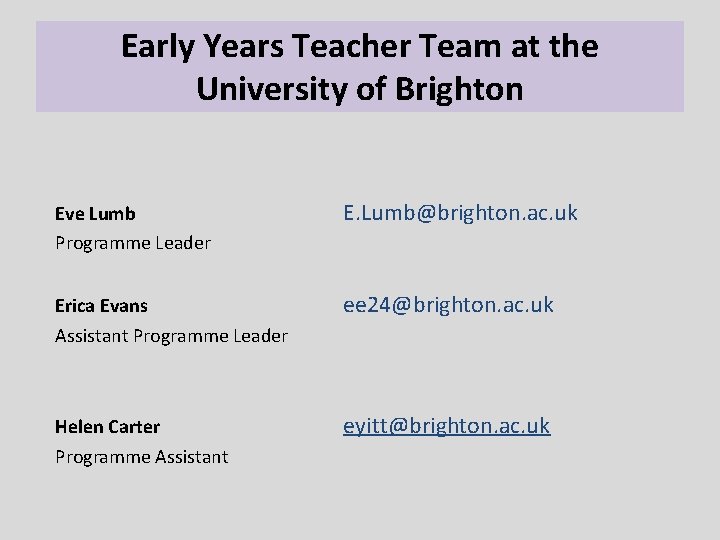 Early Years Teacher Team at the University of Brighton Eve Lumb Programme Leader E.