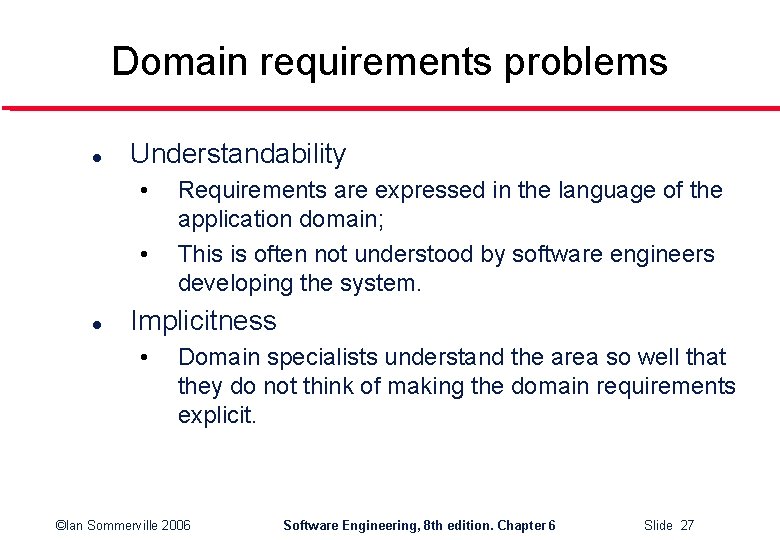 Domain requirements problems l Understandability • • l Requirements are expressed in the language