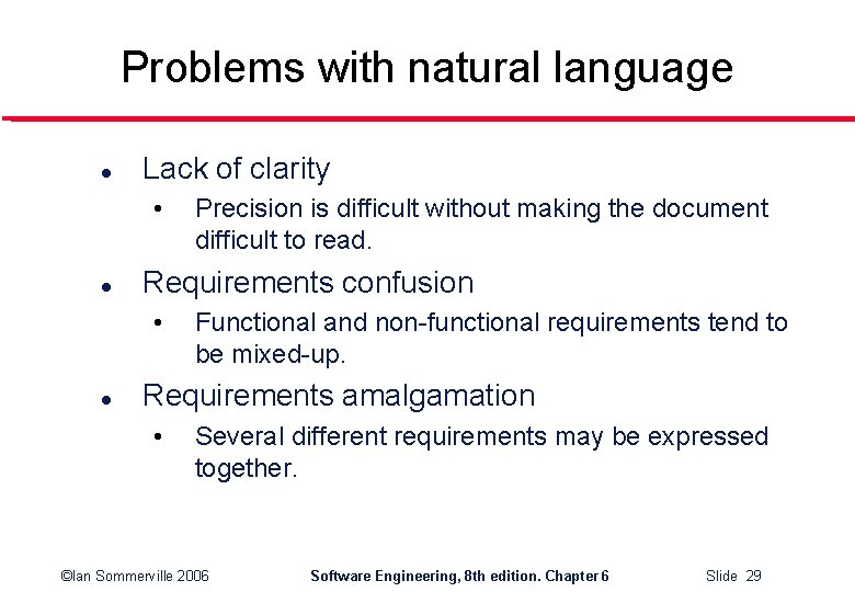 Problems with natural language l Lack of clarity • l Requirements confusion • l