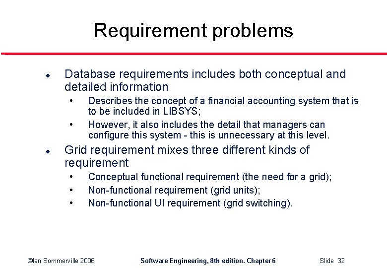 Requirement problems l Database requirements includes both conceptual and detailed information • • l