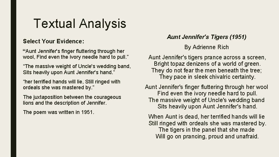 Textual Analysis Select Your Evidence: “Aunt Jennifer's finger fluttering through her wool, Find even