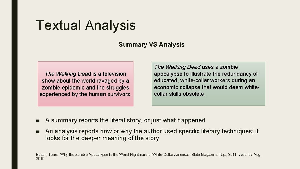 Textual Analysis Summary VS Analysis The Walking Dead is a television show about the