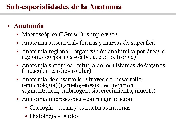 Sub-especialidades de la Anatomía • Macroscópica (“Gross”)- simple vista • Anatomía superficial- formas y