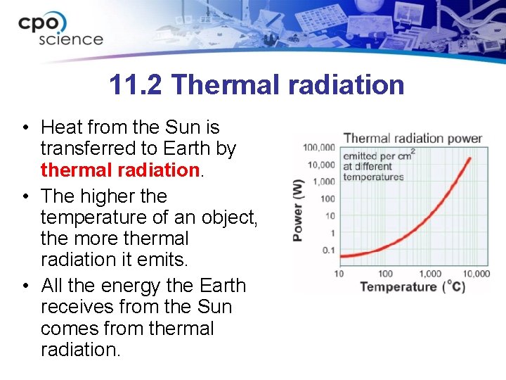 11. 2 Thermal radiation • Heat from the Sun is transferred to Earth by